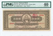 GREECE: 500 Drachmas (1926 - old date 12.4.1923) in brown with "Portrait of G. Stavros" at center. Red circular ovpt: "NEON 1926". Serial no "AP080 20...