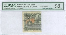 GREECE: 1/2 left of 5 Drachmas (Bisected Pick #42) of 1922 Emergency issue. Inside plastic folder by PMG "About Uncirculated 53 - Stains, Minor Repair...