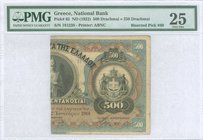 GREECE: 1/2 right of 500 Drachmas (Bisected #Pick 49, Date 2.1.1901) of 1922 Emergency issue. Serial no "181238". Signature by Streit. Printed by ABNC...