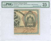 GREECE: 1/2 right of 1000 Drachmas (Bisected #Pick 50, 30.03.1901) of 1922 Emergency issue. Serial no "064985". Inside plastic folder by PMG "Very Fin...