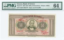 GREECE: 50 Drachmas of 1928 Third Provisional issue (ND 1928 - old date 24.5.1927) in brown on orange and green unpt with portrait of G. Stavros at ce...