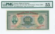 GREECE: 100 Drachmas of 1928 Third Provisional issue (ND 1928 - old date 25.5.1927) in green on orange and brown unpt with "Portrait of G. Stavros" at...