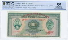 GREECE: 100 Drachmas of 1928 Third Provisional issue (ND 1928 - old date 6.6.1927) in green on orange and brown unpt with portrait of G. Stavros at le...