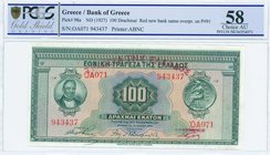 GREECE: 100 Drachmas of 1928 Third Provisional issue (ND 1928 - old date 14.6.1927) in green on orange and brown unpt with portrait of G. Stavros at l...