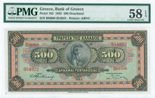 GREECE: 500 Drachmas (1.10.1932) in multicolor with portrait of Athena at center. Printed by ABNC. Inside plastic folder by PMG "Choice About Unc 58 -...