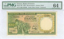 GREECE: 100 Drachmas (1.1.1939) in green and yellow with two peasant women at lower left. Serial no "Ξ-065 562300". Printer: W&S (without imprint). Un...
