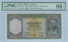 GREECE: 1000 Drachmas (1.1.1939) in green with woman in national costume at right. Printed by BWC (without imprint). WMK: Mans head. Inside plastic fo...