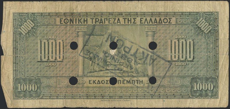 GREECE: 1000 Drachmas (15.10.1926) 1941 Emergency re-issue cancelled banknote wi...