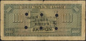 GREECE: 1000 Drachmas (15.10.1926) 1941 Emergency re-issue cancelled banknote with black box-cachet (type III) "ΤΡΑΠΕΖΑ ΤΗΣ ΕΛΛΑΔΟΣ - ΕΝ ΒΟΛΩ" on back...
