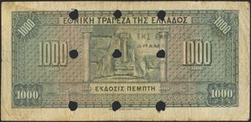 GREECE: 1000 Drachmas (4.11.1926) 1941 Emergency re-issue cancelled banknote with black box-cachet "ΤΡΑΠΕΖΑ ΤΗΣ ΕΛΛΑΔΟΣ - ΕΝ ΔΡΑΜΑ" on back and nine c...