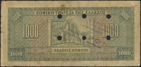 GREECE: 1000 Drachmas (15.10.1926) 1941 Emergency re-issue cancelled banknote with violet box-cachet "ΤΡΑΠΕΖΑ ΤΗΣ ΕΛΛΑΔΟΣ - ΕΝ ΗΡΑΚΛΕΙΩ" on back and s...