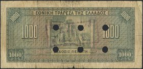 GREECE: 1000 Drachmas (4.11.1926) 1941 Emergency re-issue cancelled banknote with violet box-cachet "ΤΡΑΠΕΖΑ ΤΗΣ ΕΛΛΑΔΟΣ - ΕΝ ΗΡΑΚΛΕΙΩ" on back and si...