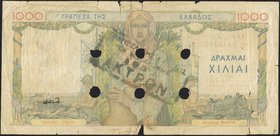 GREECE: 1000 Drachmas (1.5.1935) 1941 Emergency re-issue cancelled banknote with black box-cachet "ΤΡΑΠΕΖΑ ΤΗΣ ΕΛΛΑΔΟΣ - ΕΝ ΘΕΣΣΑΛΟΝΙΚΗ" on back and s...
