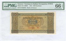 GREECE: 100 Drachmas (10.7.1941) in brown with bird frieze at left and right. Suffix serial no "217264 NI". Inside plastic folder by PMG "Gem Uncircul...