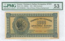 GREECE: 1000 Drachmas (1.10.1941) in blue and brown with coin of Alexander at left. Serial no "047289 AP" with suffix letters. Title of picture on ill...