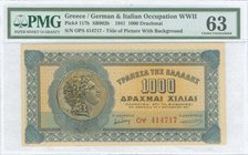 GREECE: 1000 Drachmas (1.10.1941) in blue and brown with coin of Alexander at left. Serial no "ΟΨ 414717" with prefix letters. Title of picture on whi...