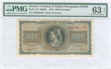 GREECE: 1000 Drachmas (21.8.1942) in black on blue-gray and pale orange unpt with bust of young girl from Thassos at center. Suffix serial no "293020 ...