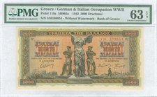GREECE: 5000 Drachmas (20.6.1942) in black on pale red, blue and multicolor unpt with factories and ships at lower left, fisherman and shoreline at lo...