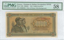 GREECE: 10000 Drachmas (29.12.1942) in brown with young couple from Delphi at left. Serial no with prefix letters "ΑΞ 862340". Title of picture in lig...