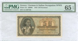 GREECE: 50 Drachmas (1.2.1943) in brown on blue unpt with woman from Paramythia at left. Serial no "ΑA 307729". Inside plastic folder by PMG "Gem Unci...