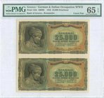 GREECE: Uncut vertical pair of 25000 Drachmas (12.8.1943) in black on brown and light blue-green unpt with bust of Nymph Deidamia at left. Inside plas...