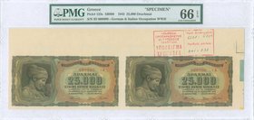 GREECE: Uncut horizontal pair of specimen of 25000 Drachmas (12.8.1943) in black on brown and light blue-green unpt with bust of Nymph Deidamia at lef...