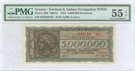GREECE: 5 million Drachmas (20.7.1944) in brown with Arethusa on dekadrachm of Syracuse at left. Serial no "642248 ΞΜ" with suffix letters. Inside pla...