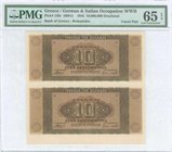 GREECE: Uncut pair of 10 million Drachmas (29.7.1944) in brown with dark brown fringe around denomination guilloche and sign. Inside plastic folder by...