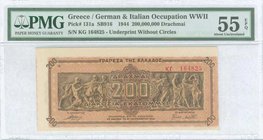 GREECE: 200 million Drachmas (9.9.1944) in brown and red-brown with Parthenon frieze at center. Serial no "KΓ 164825" with prefix letters. Inside plas...