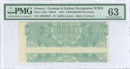 GREECE: 2 billion Drachmas (11.10.1944) in black on pale green unpt with Parthenon frieze at center. Serial no "169870 ΕΠ" with suffix letters. Inside...