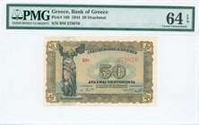 GREECE: 50 Drachmas (9.11.1944) in brown on blue and gold unpt with statue of Nike of Samothrace at left. Inside plastic folder by PMG "Choice Uncircu...