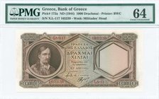 GREECE: 1000 Drachmas (ND 1944) in brown with Kolokotronis at left. First type serial number "ξ.Λ-117 165239". WMK: Miltiades. Printed by BWC (without...