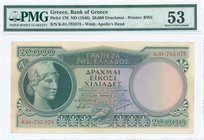 GREECE: 20000 Drachmas (ND 1946) in dark green with Athena at left. Serial no "K.01 - 783978". Printed by BWC (without imprint). WMK: Apollo from Olym...