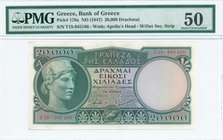 GREECE: 20000 Drachmas (ND 1947) (A issue / Small format) in dark green with Athena at left. Serial no "Τ.15- 945166". Variety: Without security strip...