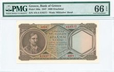 GREECE: 1000 Drachmas (9.1.1947) in brown with Kolokotronis at left. Serial no "ΑN-4 418577". WMK: Miltiades. Inside plastic folder by PMG "Gem Uncirc...