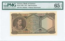 GREECE: 1000 Drachmas (14.11.1947) in brown with Kolokotronis at left. Serial no "EN-1 064543". Without watermark. Inside plastic folder by PMG "Gem U...
