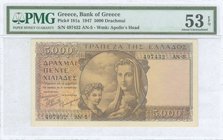 GREECE: 5000 Drachmas (9.6.1947) in brown with personification of Motherhood at center. Serial no "497432 ΑN-5". WMK: Apollo from Olympia. Inside plas...