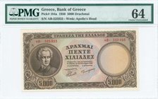 GREECE: 5000 Drachmas (28.10.1950) in brown with portait of D. Solomos at left. WMK: Apollo from Olympia. Inside plastic folder by PMG "Choice Uncircu...