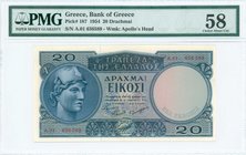 GREECE: 20 Drachmas (15.1.1954) (New Issue / ΝΕΑ ΕΚΔΟΣΙΣ) in blue with Athena at left. Serial no "A.01- 636589". WMK: Apollo from Olympia. Inside plas...