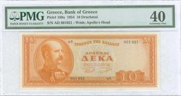 GREECE: 10 drx (15.5.1954) in orange with "King George I" at left. Serial no "αδ 801921". WMK: Apollo from Olympia. Inside plastic folder by PMG "Extr...
