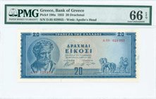 GREECE: 20 Drachmas (1.3.1955) in blue with Demokritos at left. Serial no "Δ.05 029955". WMK: Apollo from Olympia. Inside plastic folder by PMG "Gem U...
