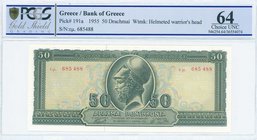 GREECE: 50 Drachmas (1.3.1955) in dark green with Pericles at center. Inside plastic folder by PCGS "Choice UNC 64". (Pick 191a).