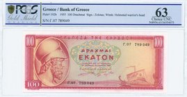 GREECE: 100 Drachmas (1.7.1955) in red on multicolor unpt with Themistocles at left. WMK: Miltiades. Inside plastic folder by PCGS "Choice UNC 63". (P...