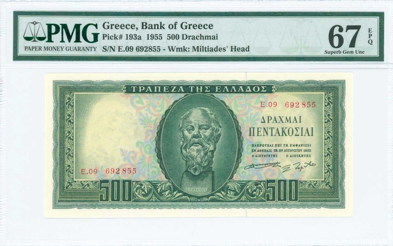 GREECE: 500 Drachmas (8.8.1955) in green on multicolor unpt with portrait of Soc...