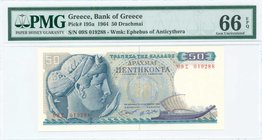 GREECE: 50 Drachmas (1.10.1964) in blue on multicolor unpt with Arethusa at left. WMK: The youth of Anticythera. Inside plastic folder by NGC "Gem Unc...