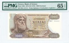GREECE: 1000 Drachmas (1.11.1970 - 1972 issued) in brown on multicolor unpt with "Zeus" at left. Serial no "55Γ 111111" (Solid #1s). The display frequ...