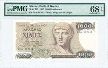 GREECE: 1000 Drachmas (1.7.1987) in brown on multicolor unpt with Apollo at center right. Serial No "29A 997447". WMK: Charioteer Polyzalos of Delphi....