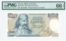 GREECE: 5000 Drachmas (23.3.1984) in deep blue on multicolor unpt with Theodoros Kolokotronis at left. Inside plastic folder by PMG "Gem Uncirculated ...