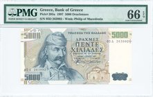 GREECE: 5000 Drachmas (1.6.1997) in deep blue on multicolor unpt with Theodoros Kolokotronis at left. S/N: 05Δ 263992. Inside plastic folder by PMG "G...