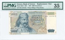 GREECE: 5000 Drachmas (1.6.1997) in deep blue on multicolor unpt with Theodoros Kolokotronis at left. Serial no "00A 044104". (With small flower wmk) ...